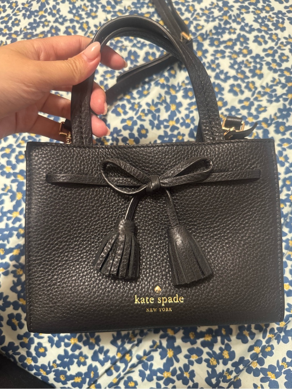 kate spade Black Pebbled Leather Mini Satchel with Bow Tassels
